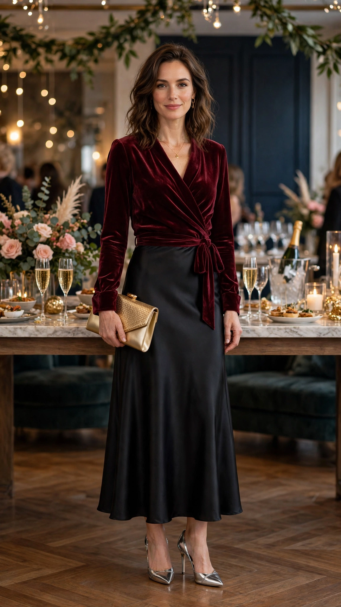 Burgundy Velvet Wrap Top with a Black Satin Skirt and Silver Heels