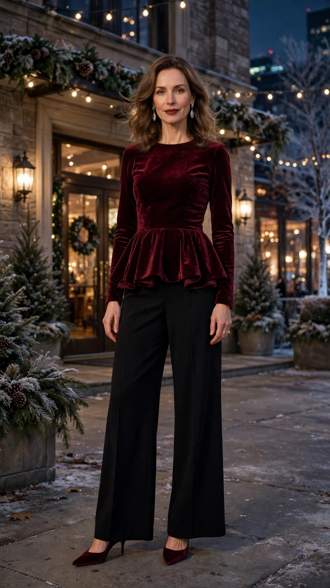 Burgundy Velvet Peplum Top with Black Wide-leg Trousers and Burgundy Velvet Heels