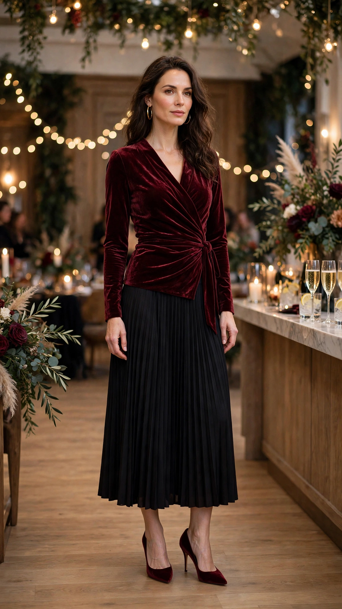 Burgundy Velvet Wrap Top with a Black Pleated Skirt and Burgundy Velvet Heels