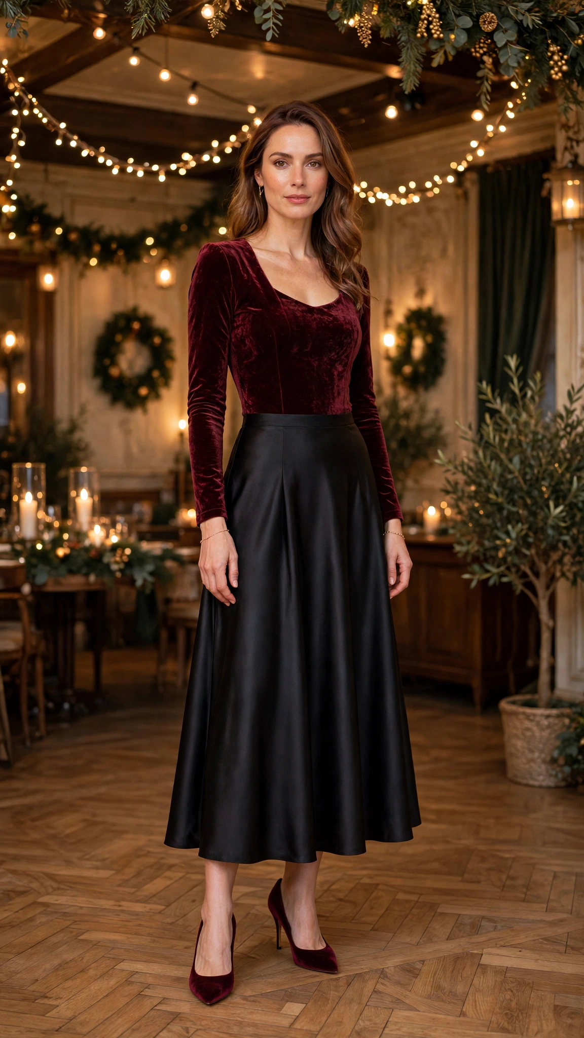 Burgundy Velvet Bodysuit with a Black Satin Skirt and Burgundy Velvet Heels