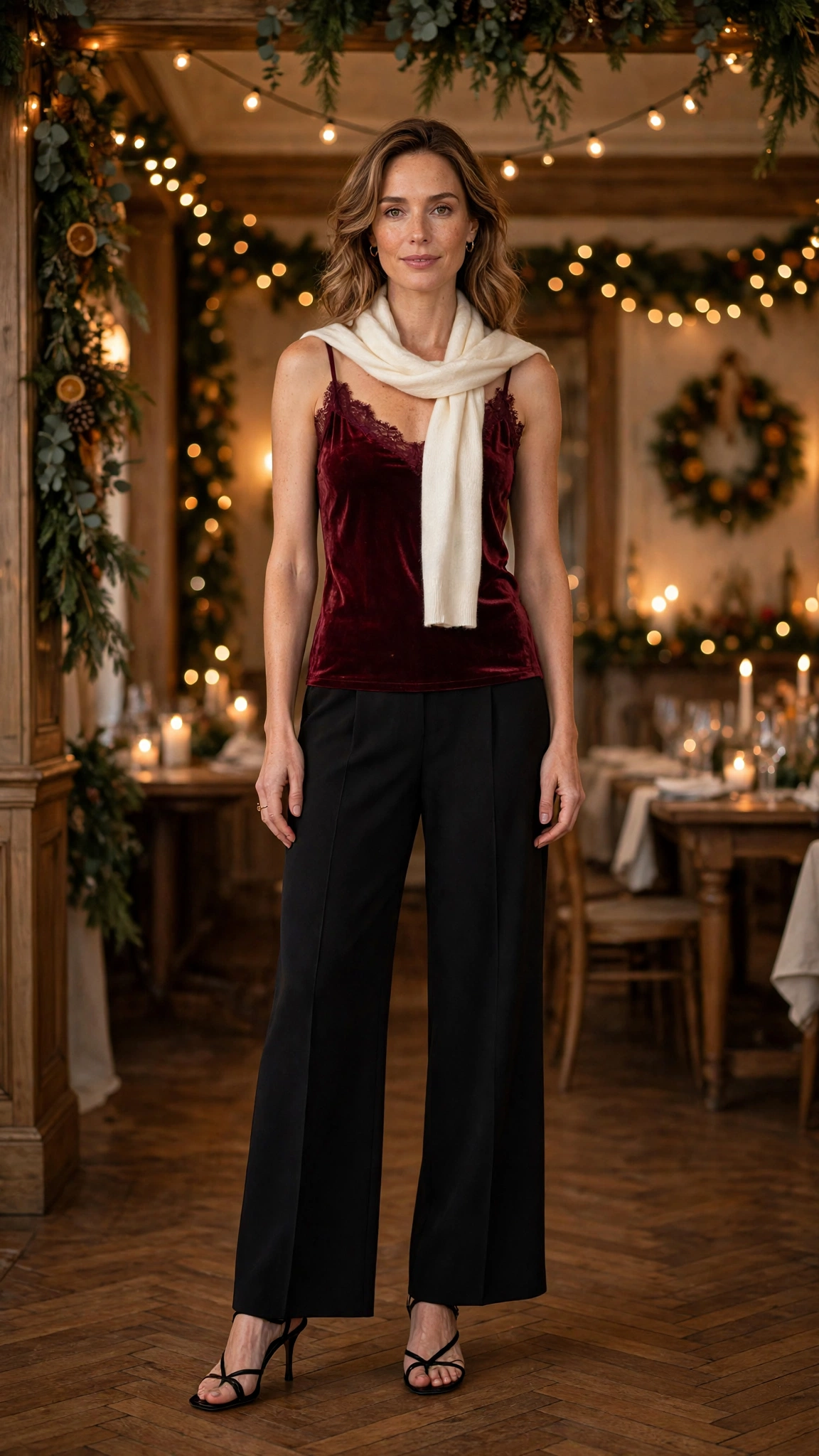 Burgundy Velvet Camisole with Black Wide-leg Trousers and Black Strappy Heels