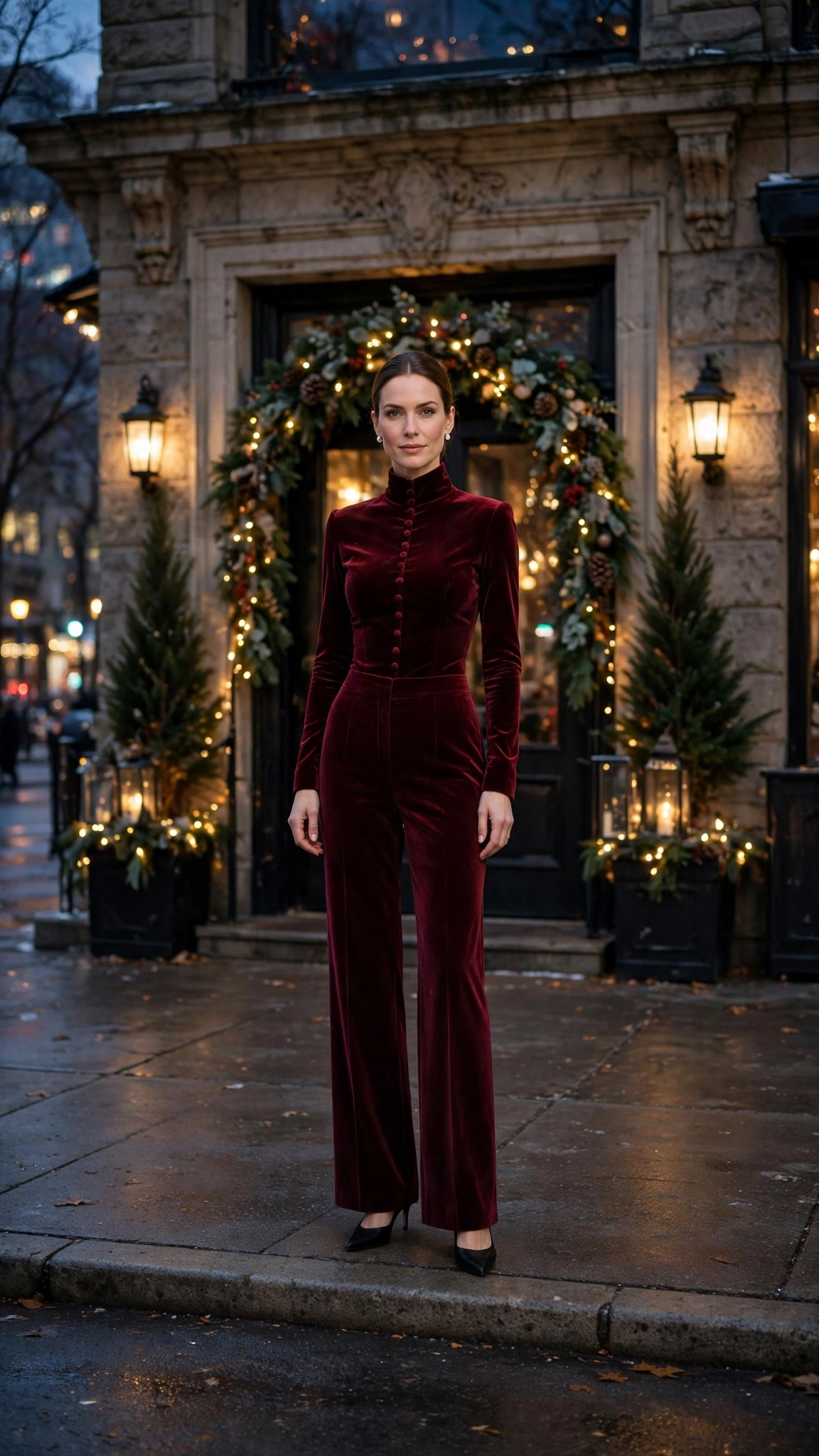 Burgundy Velvet Bodysuit with Burgundy Velvet Trousers and Black Pointed Pumps