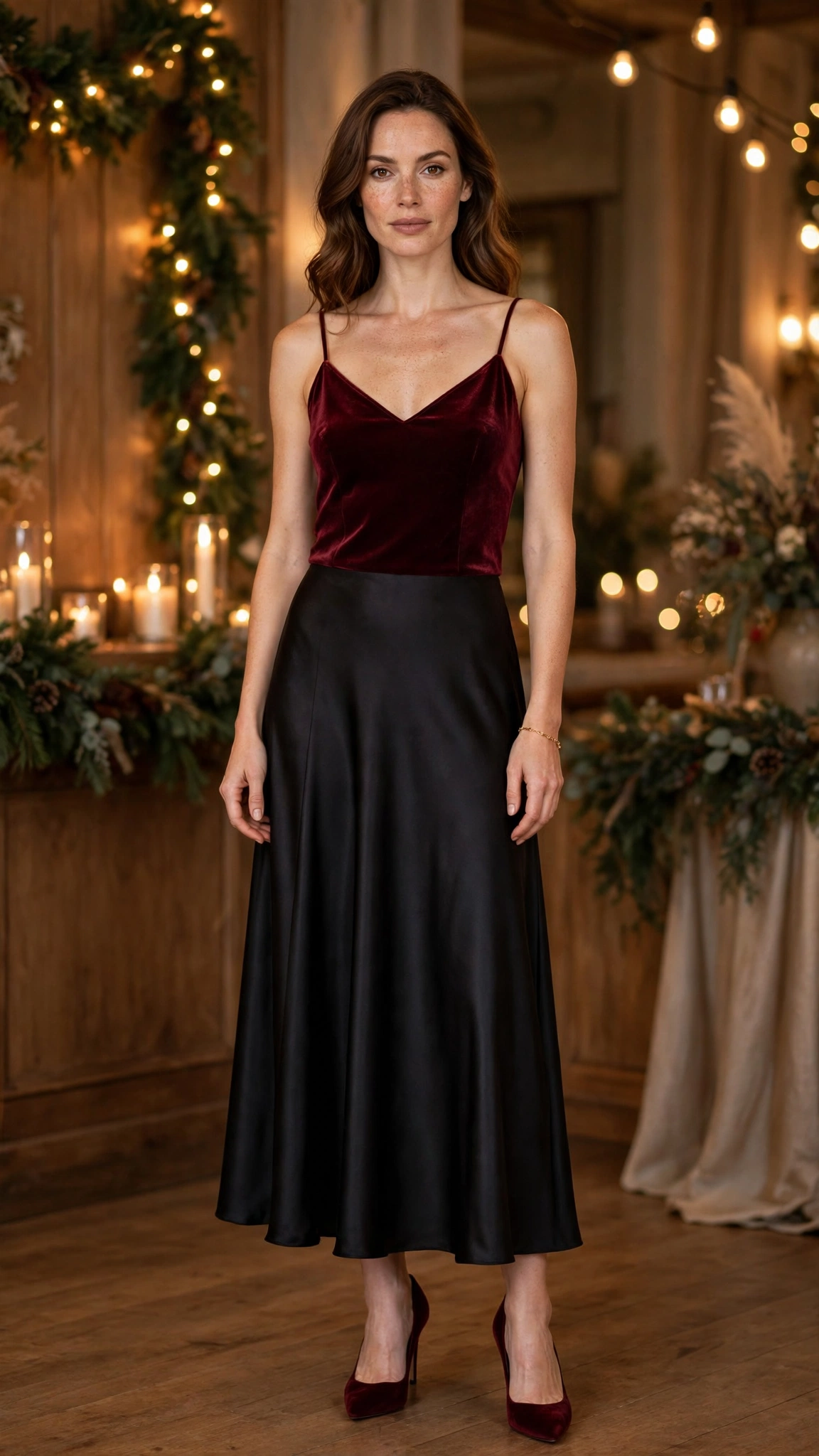 Burgundy Velvet Camisole with a Black Satin Skirt and Burgundy Velvet Heels