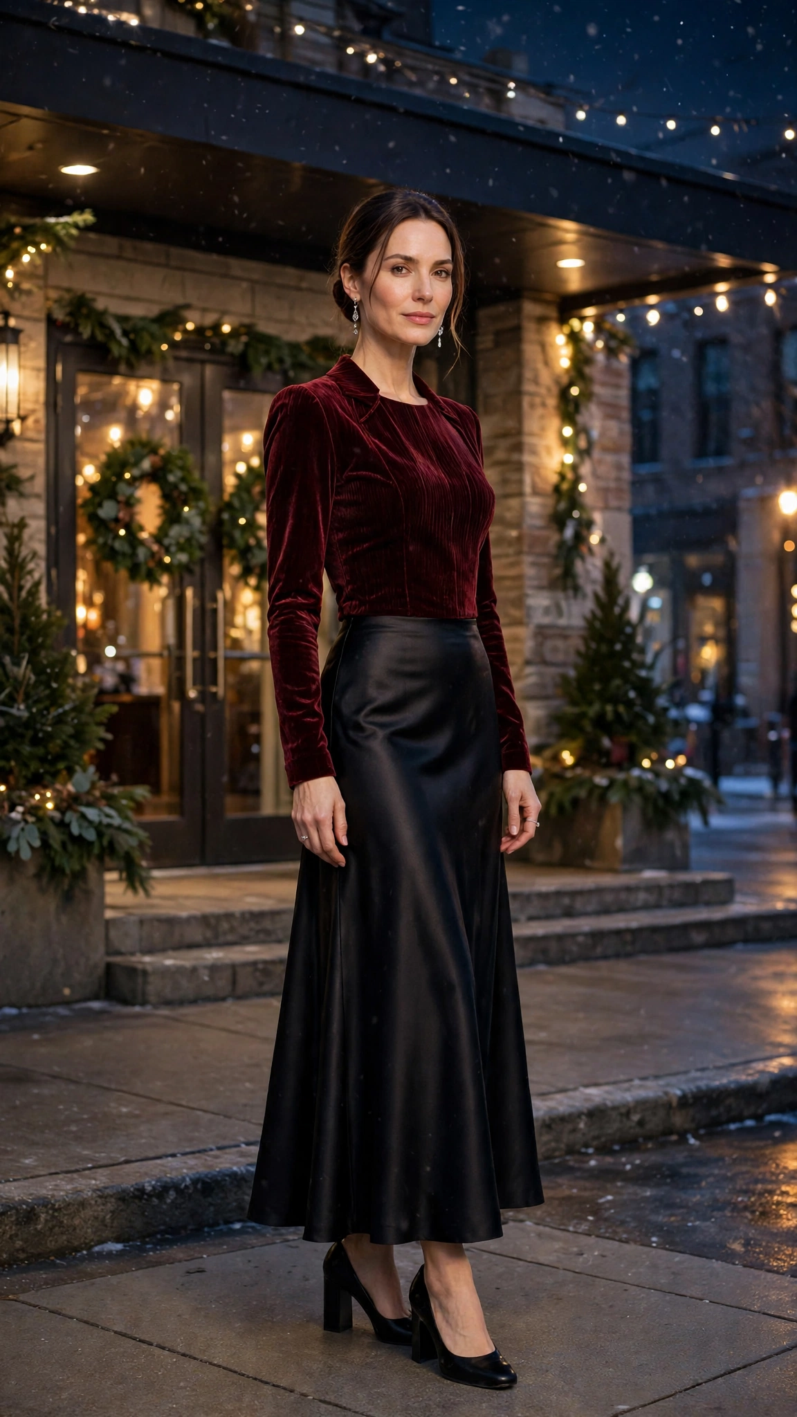 Burgundy Velvet Top with a Black Satin Skirt and Black Block Heels