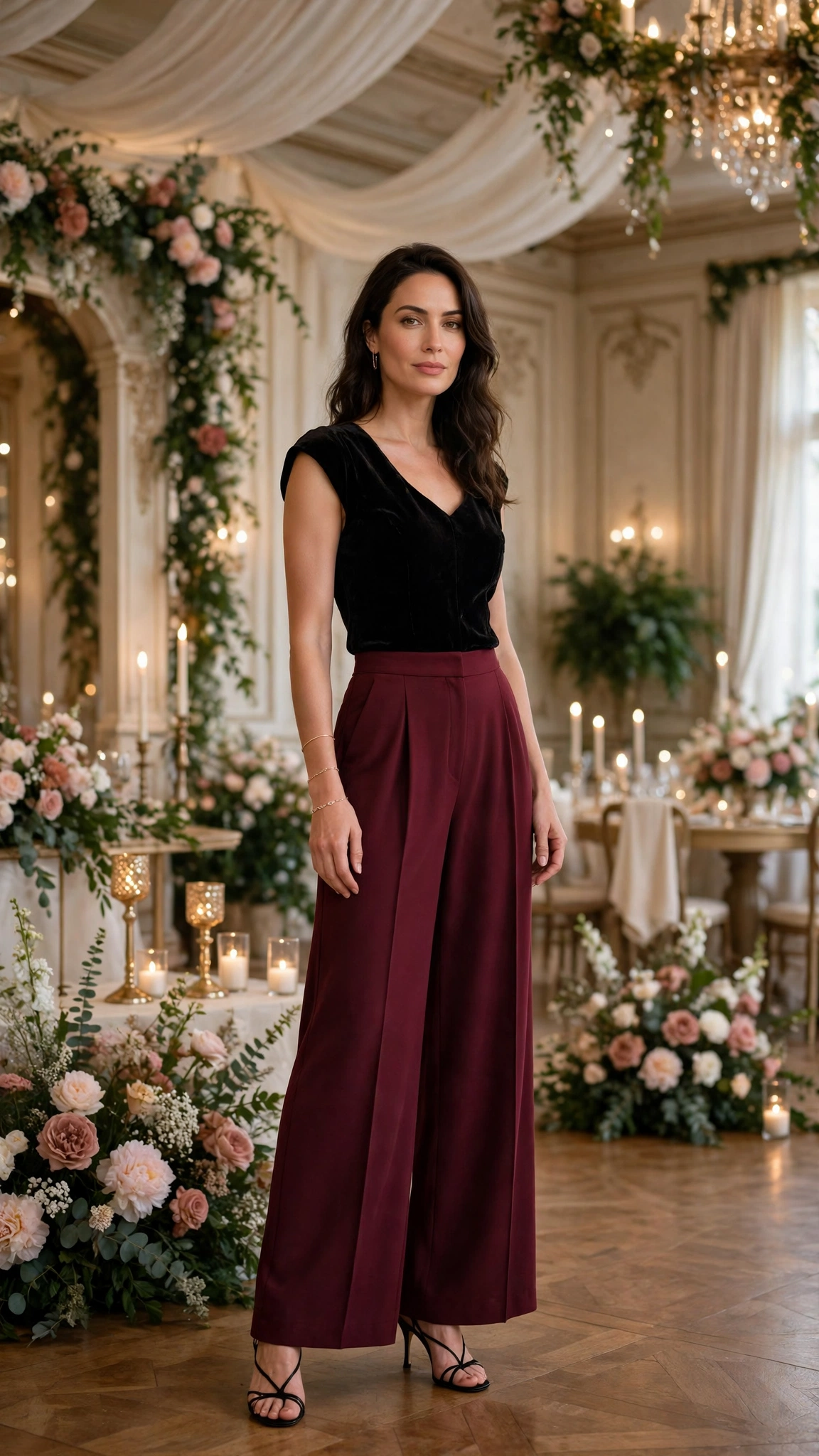 18 Burgundy Wide Leg Trouser Outfits for Winter Weddings That Are Chic, Warm and Elegant 3 Burgundy Wide-leg Trousers with a Black Velvet Top and Black Strappy Heels