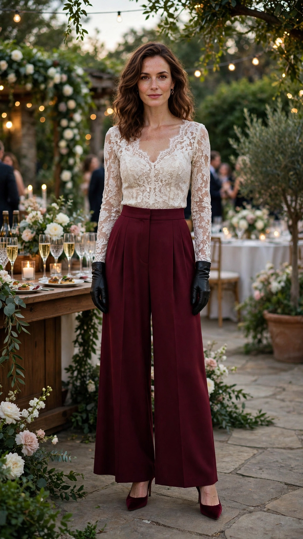 18 Burgundy Wide Leg Trouser Outfits for Winter Weddings That Are Chic, Warm and Elegant 5 Burgundy High-waisted Wide-leg Trousers with an Ivory Lace Top and Burgundy Heels