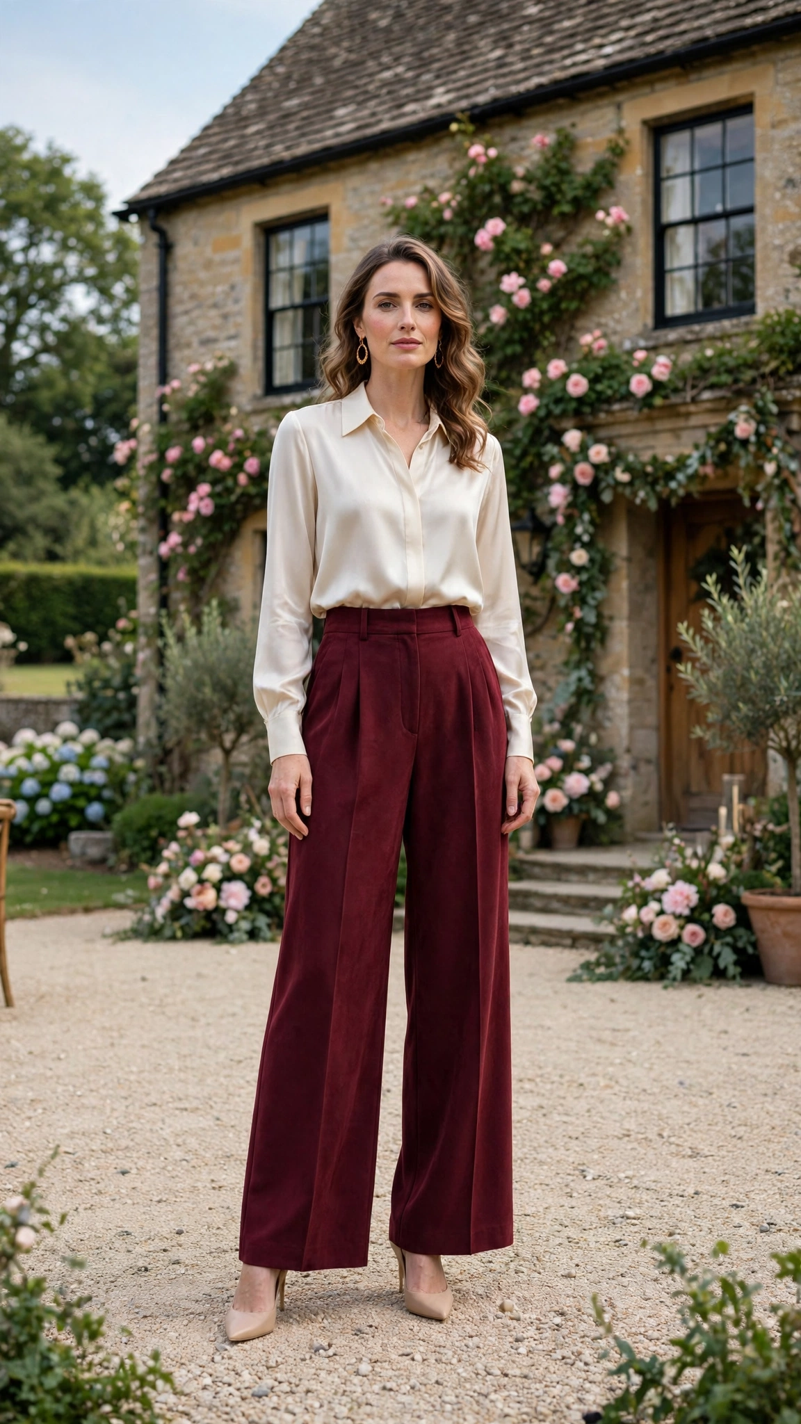 18 Burgundy Wide Leg Trouser Outfits for Winter Weddings That Are Chic, Warm and Elegant 6 Burgundy High-waisted Wide-leg Trousers with a Cream Silk Blouse and Nude Pointed Heels