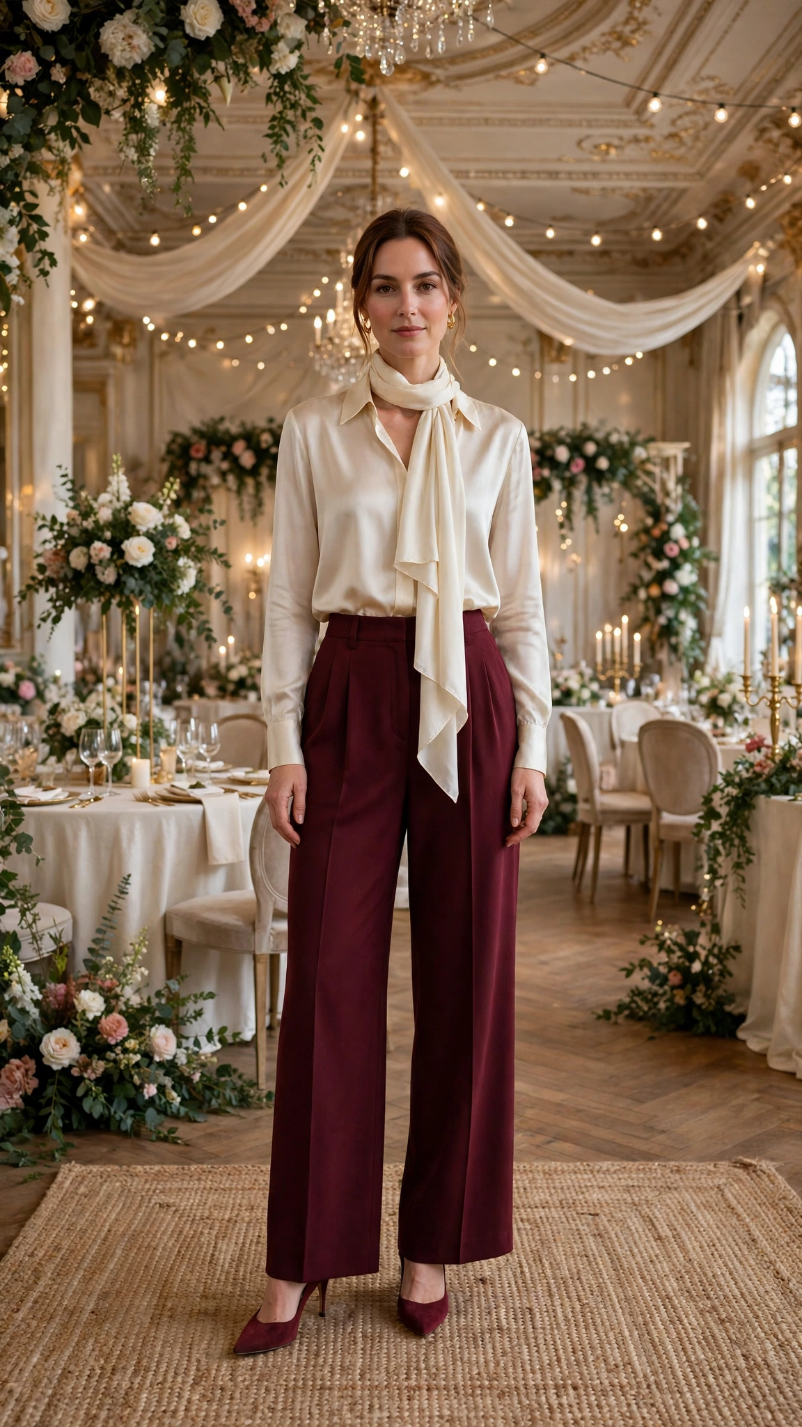 18 Burgundy Wide Leg Trouser Outfits for Winter Weddings That Are Chic, Warm and Elegant 8 Burgundy High-waisted Wide-leg Trousers with a Cream Silk Blouse and Burgundy Heels