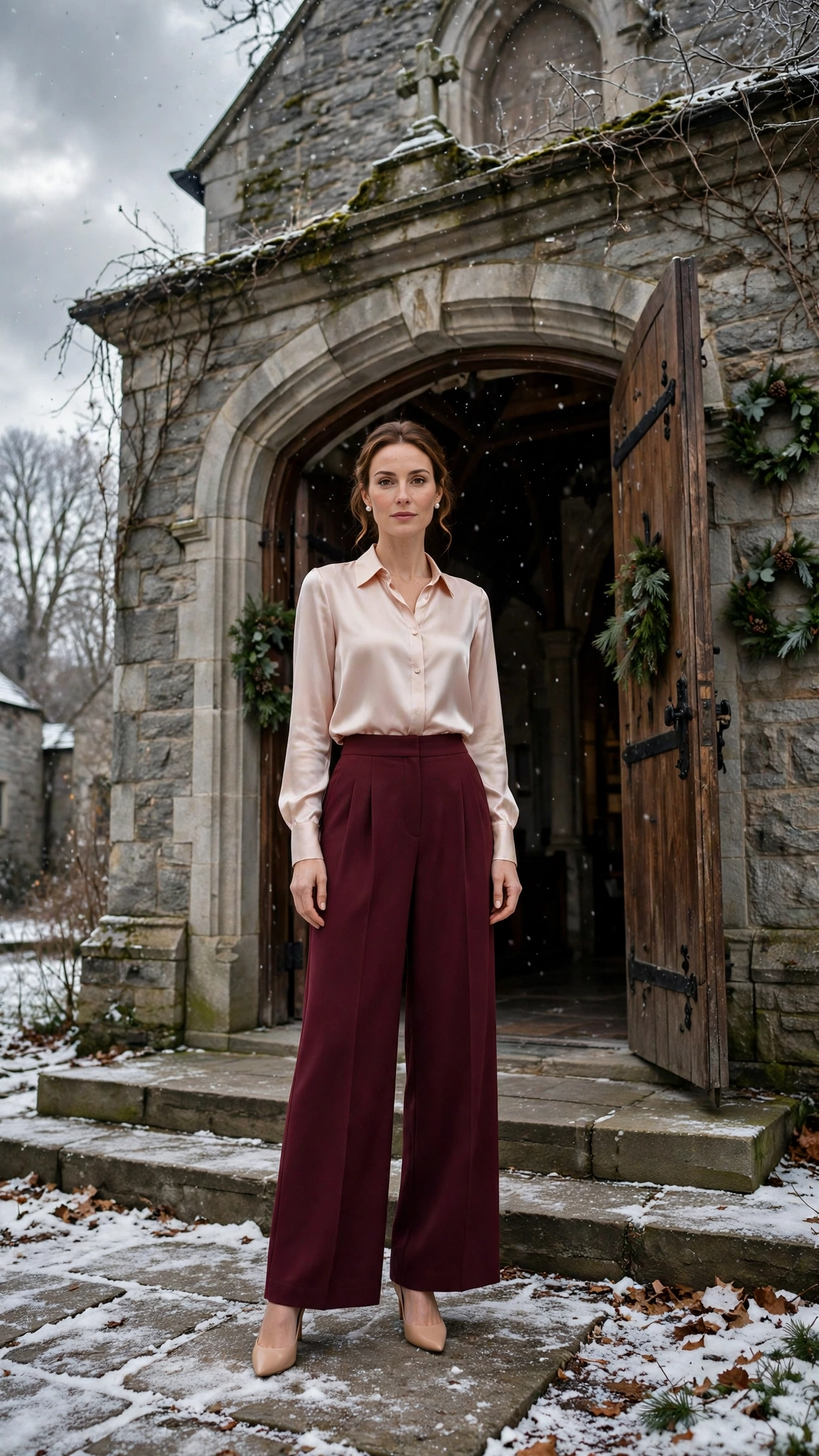 18 Burgundy Wide Leg Trouser Outfits for Winter Weddings That Are Chic, Warm and Elegant 9 Burgundy High-waisted Wide-leg Trousers with a Blush Satin Blouse and Nude Pointed Heels