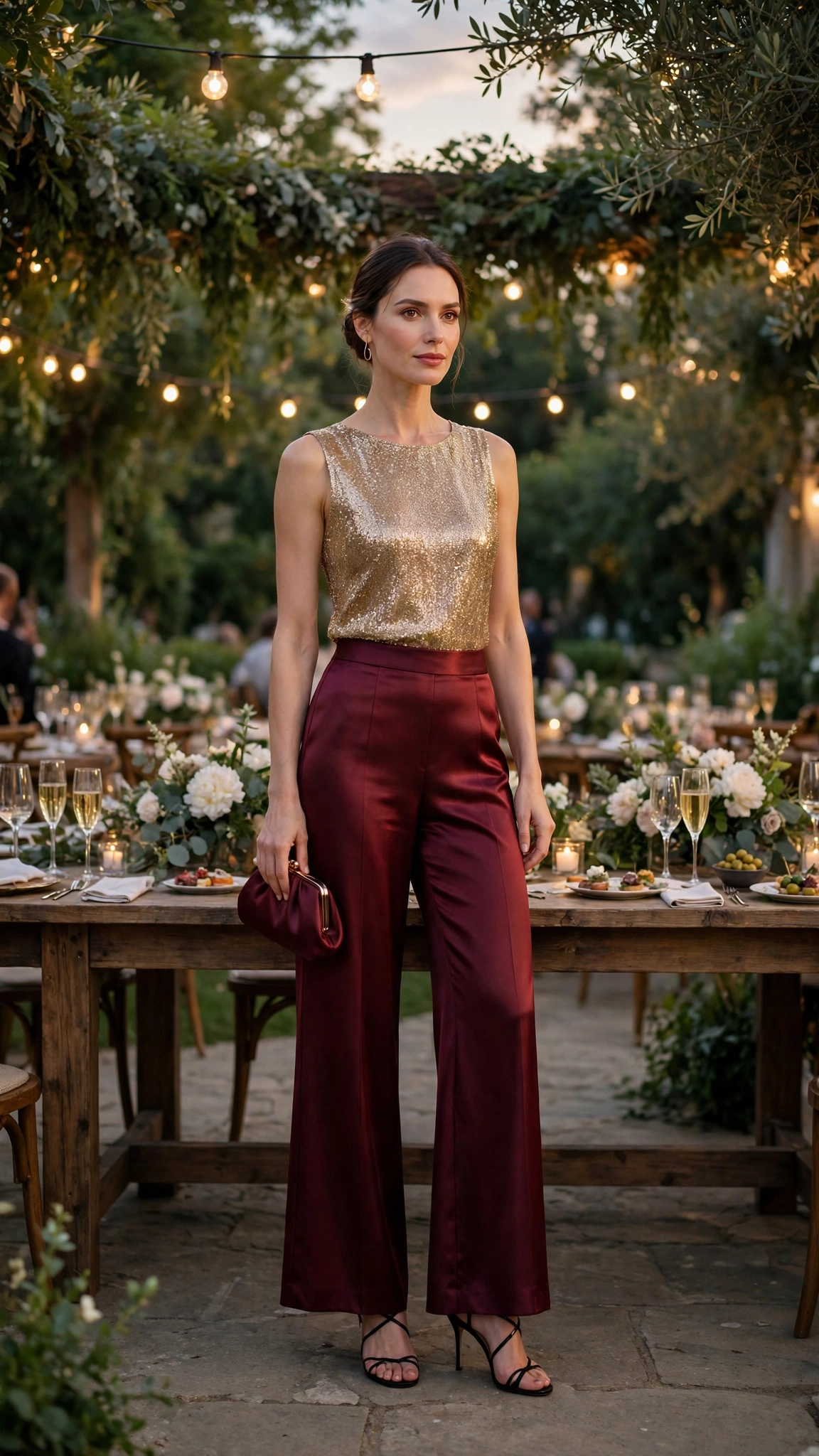 18 Burgundy Wide Leg Trouser Outfits for Winter Weddings That Are Chic, Warm and Elegant 10 Burgundy Satin Wide-leg Trousers with a Gold Shimmer Top and Black Strappy Heels