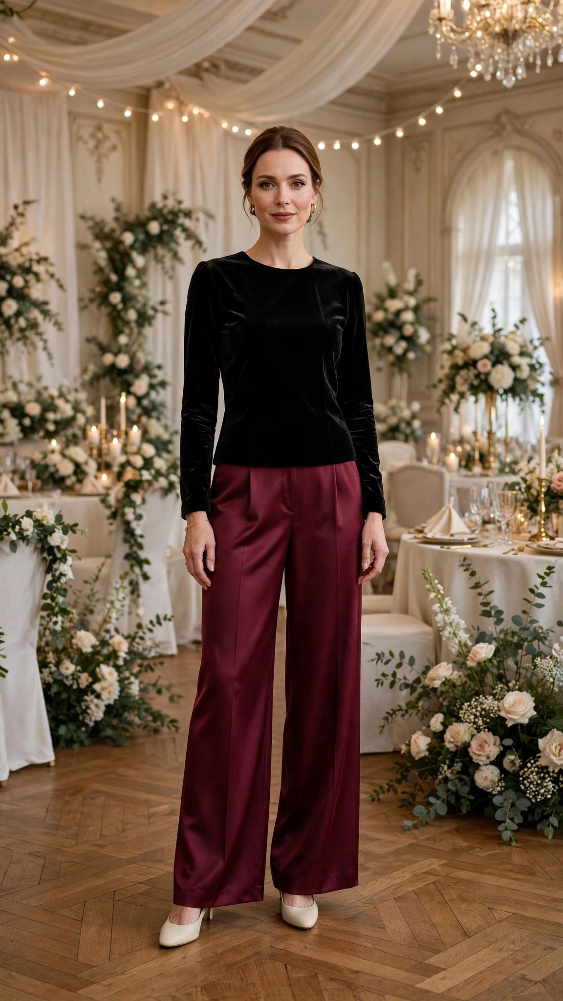 18 Burgundy Wide Leg Trouser Outfits for Winter Weddings That Are Chic, Warm and Elegant 13 Burgundy Satin Wide-leg Trousers with a Black Velvet Top and Cream Heels
