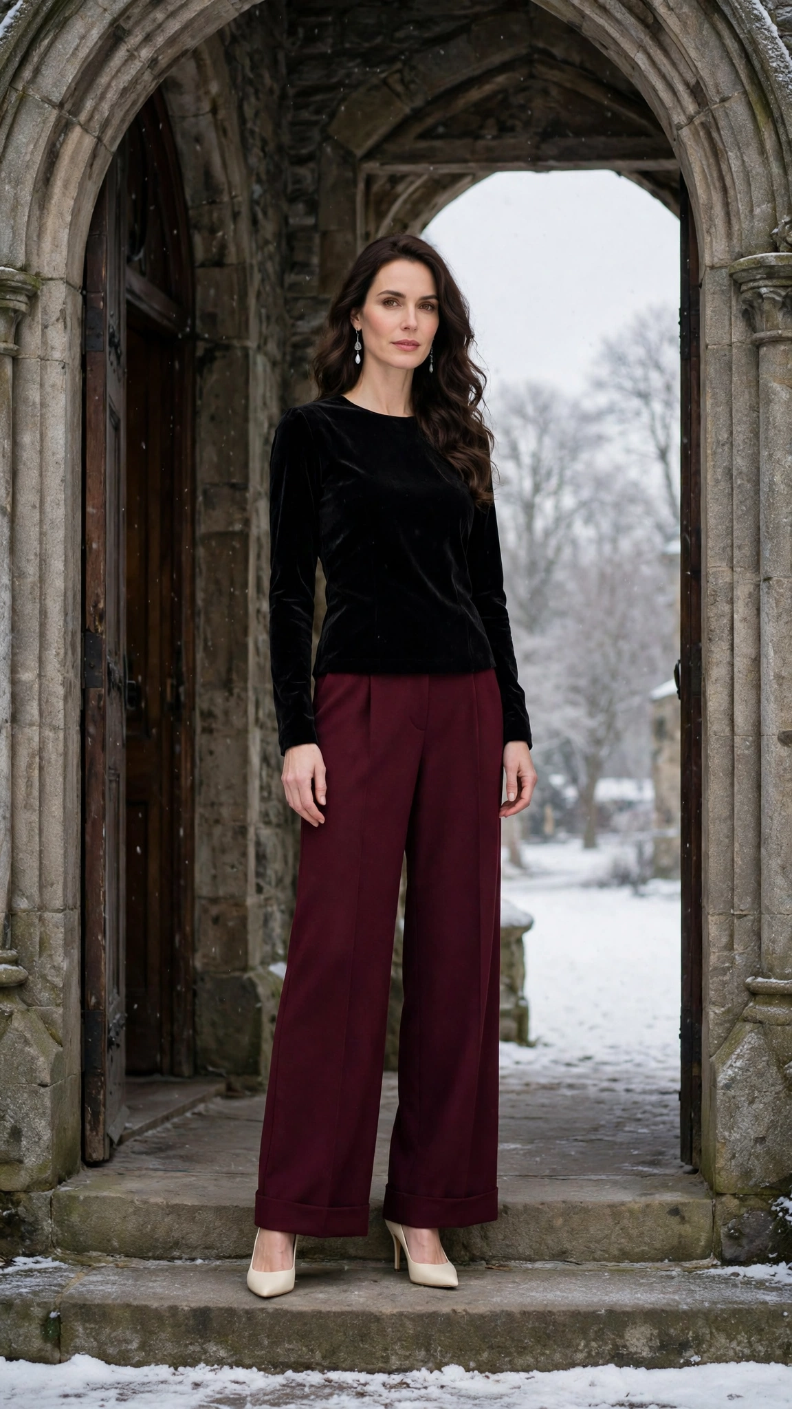 18 Burgundy Wide Leg Trouser Outfits for Winter Weddings That Are Chic, Warm and Elegant 14 Burgundy Wide-leg Trousers with a Black Velvet Top and Cream Heels