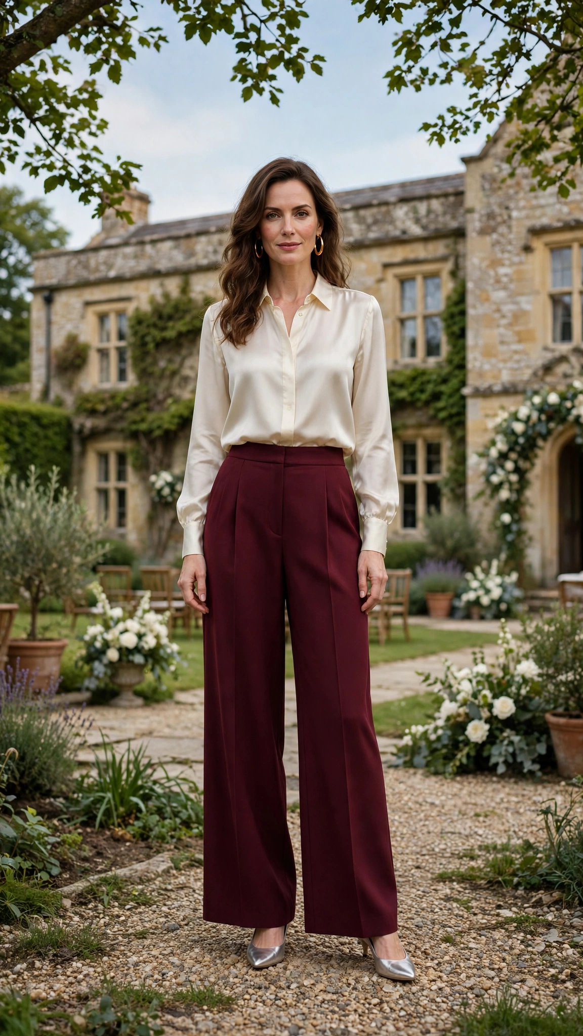18 Burgundy Wide Leg Trouser Outfits for Winter Weddings That Are Chic, Warm and Elegant 16 Burgundy Wide-leg Trousers with a Cream Silk Blouse and Silver Pumps