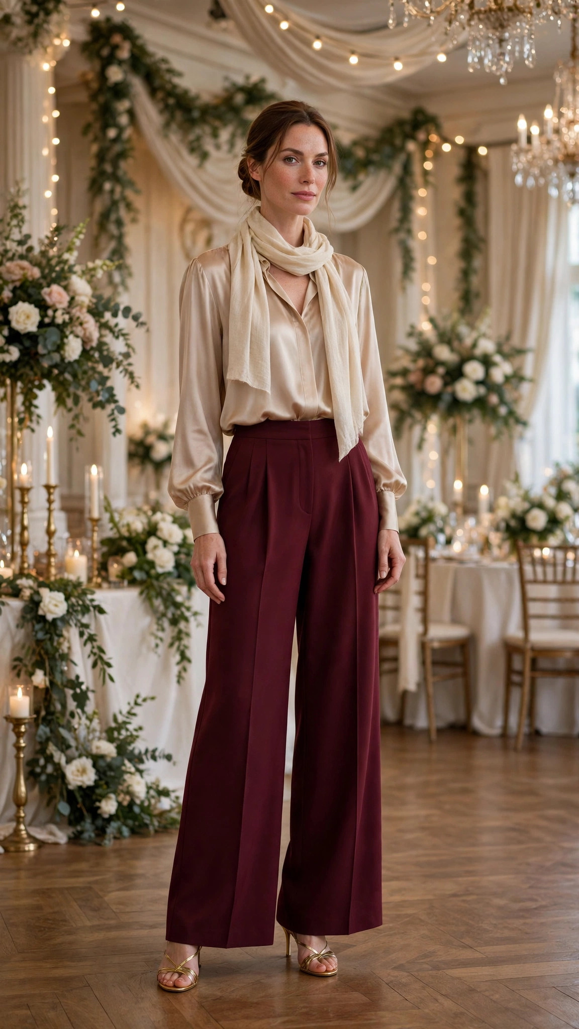 18 Burgundy Wide Leg Trouser Outfits for Winter Weddings That Are Chic, Warm and Elegant 18 Burgundy Wide-leg Trousers with a Champagne Blouse and Gold Heels