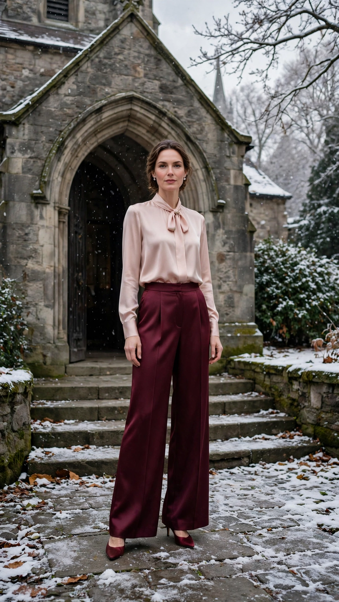 18 Burgundy Wide Leg Trouser Outfits for Winter Weddings That Are Chic, Warm and Elegant 19 Burgundy Satin Wide-leg Trousers with a Blush Satin Blouse and Burgundy Heels