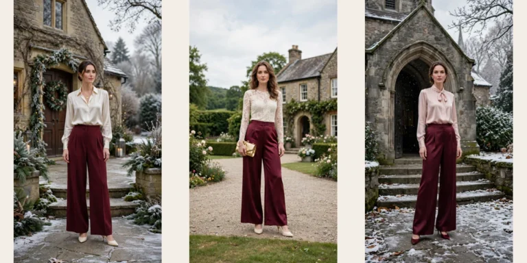18 Burgundy Wide Leg Trouser Outfits for Winter Weddings That Are Chic, Warm and Elegant