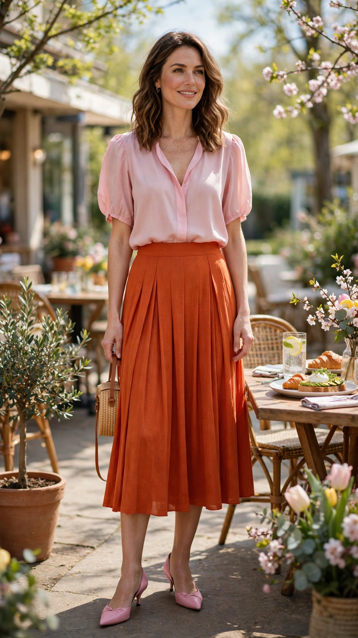 Clementine Burnt Orange Skirt Outfit with a soft pink top and kitten heels