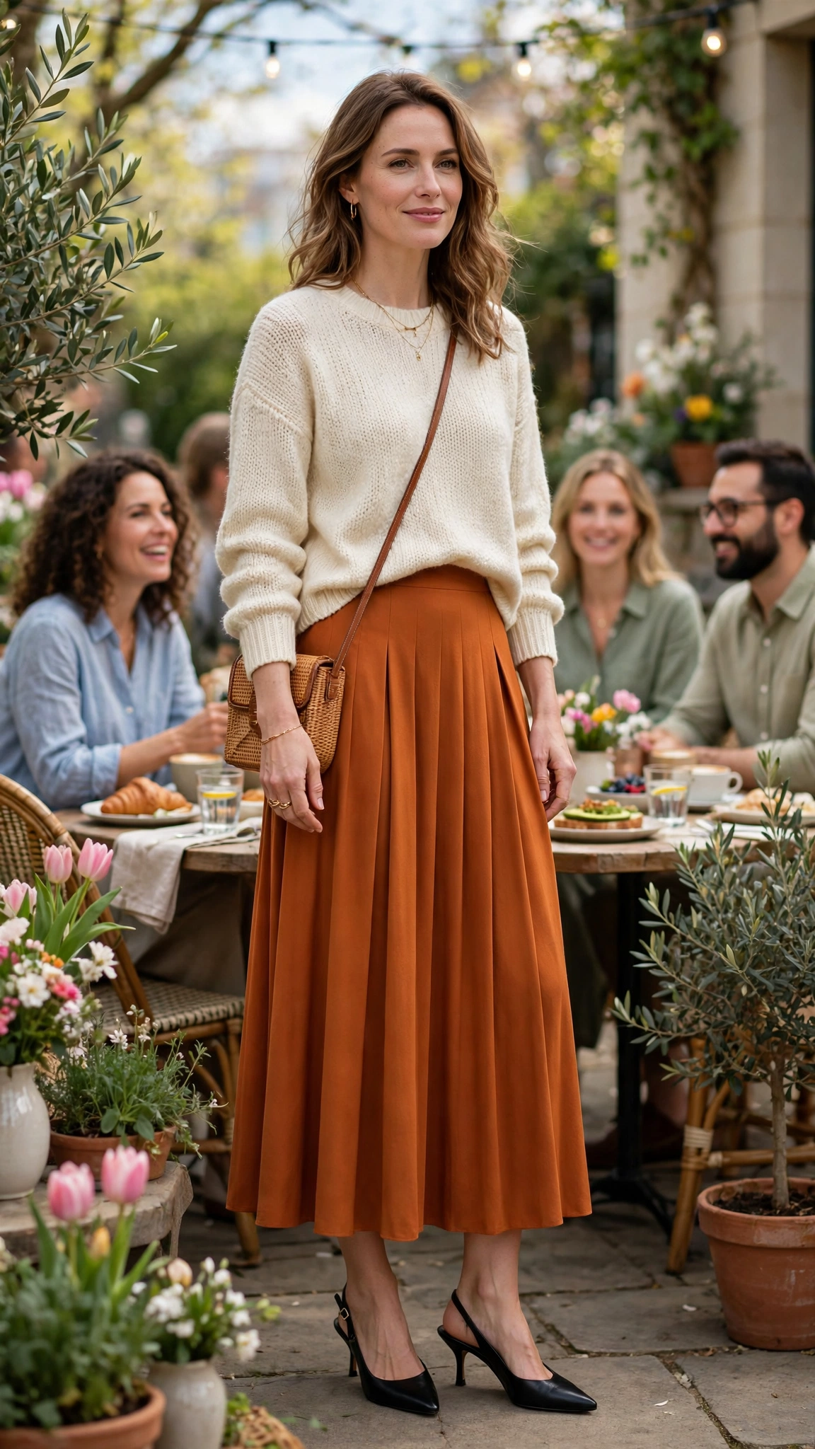 Saffron Orange Burnt Orange Skirt Outfit with a cream sweater and slingback heels