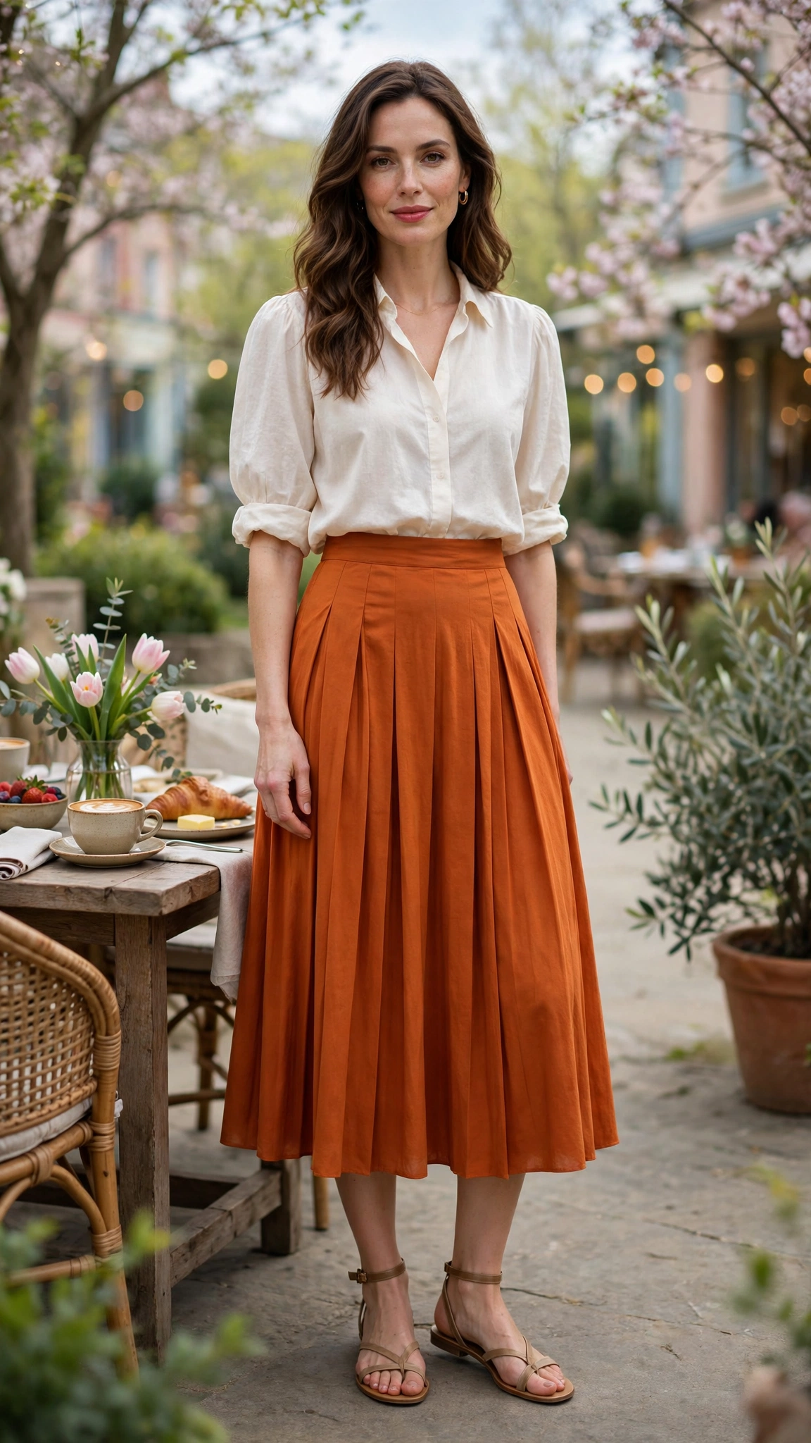 Flame Orange Burnt Orange Skirt Outfit with an ivory blouse and strappy sandals