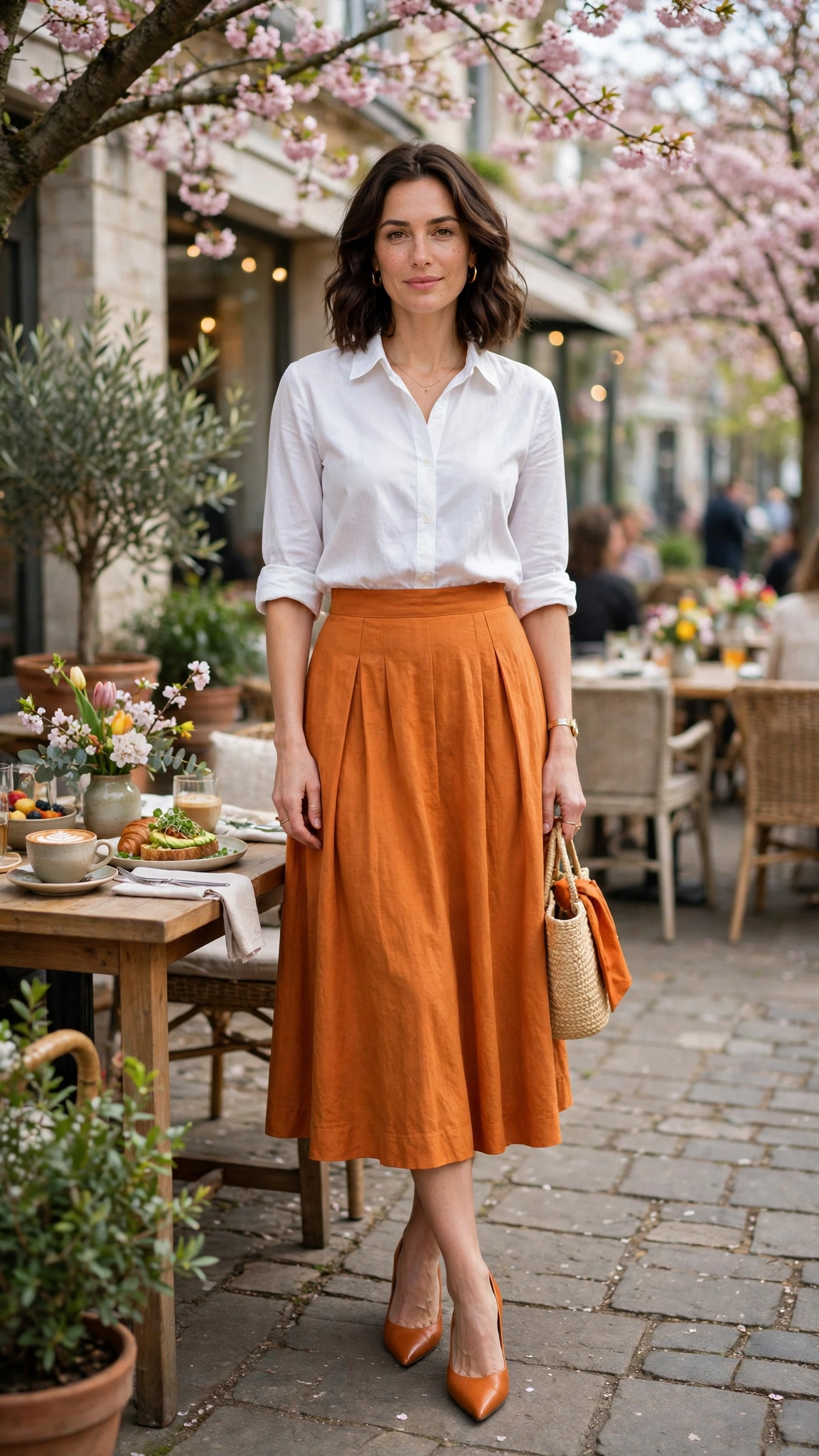 Mango Orange Burnt Orange Skirt Outfit with a white shirt and pointed pumps