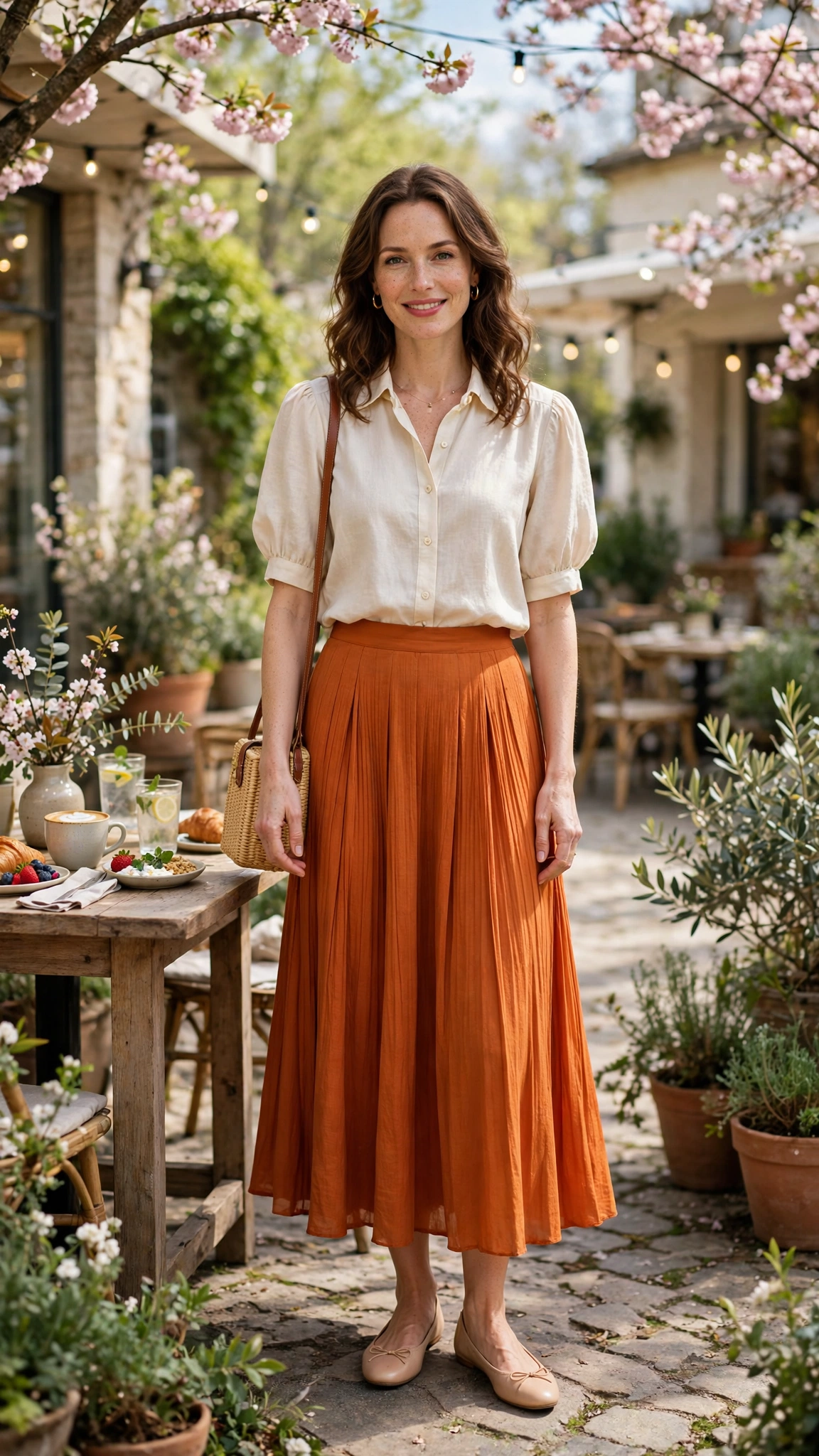Mango Orange Burnt Orange Skirt Outfit with a cream blouse and nude ballet flats