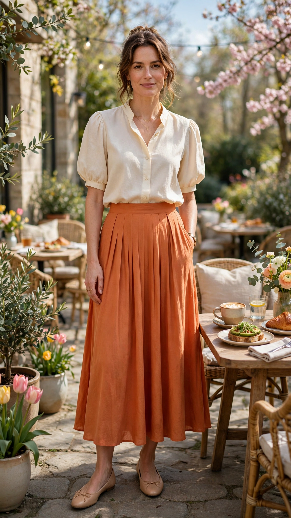 Peach Orange Burnt Orange Skirt Outfit with a cream blouse and nude ballet flats