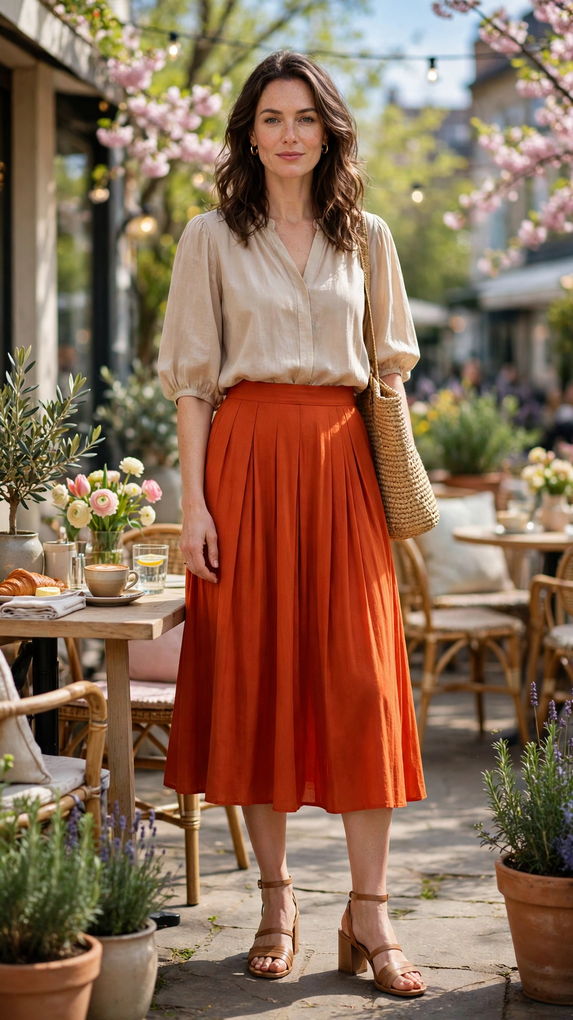 Blood Orange Burnt Orange Skirt Outfit with a beige blouse and block-heel sandals