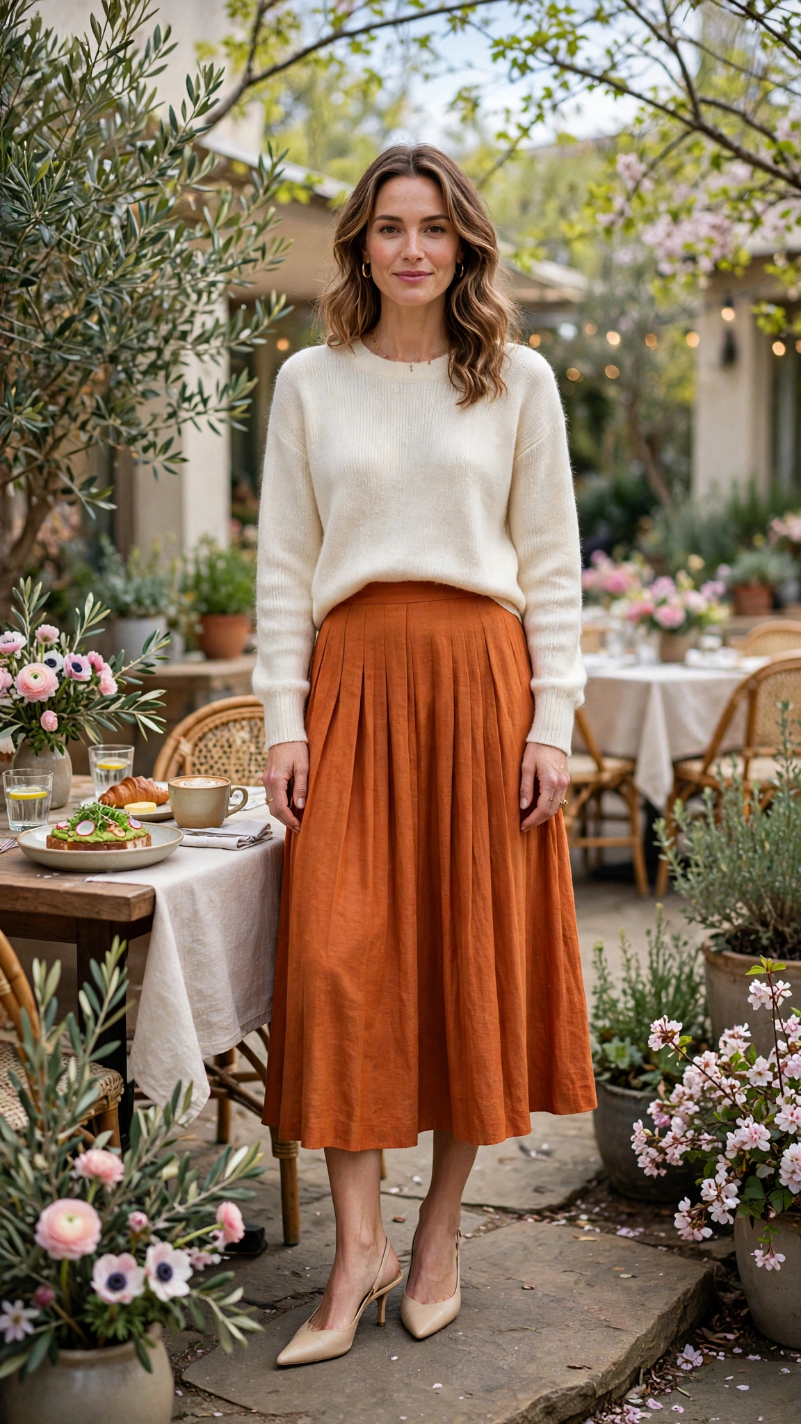 Sunset Orange Burnt Orange Skirt Outfit with a cream sweater and slingback heels