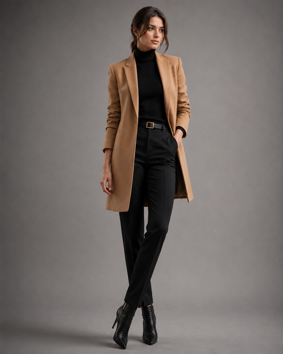 Camel Wool Coat With Black Tailored Trousers