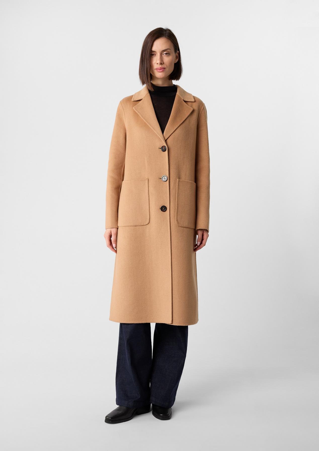 Camel Wool Coat With Navy Wide-Leg Trousers