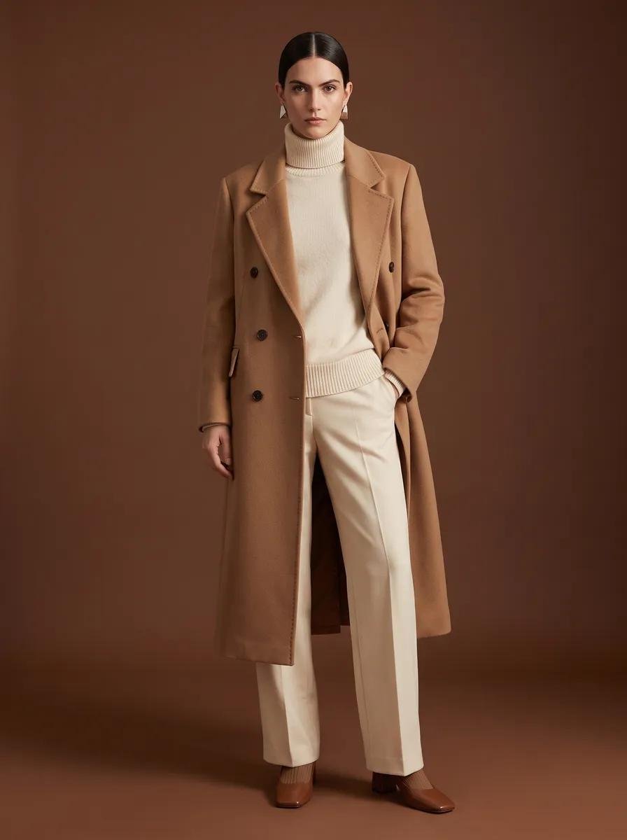 Camel Wool Coat With Cream Pleated Trousers