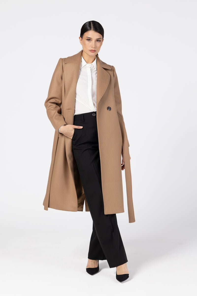 Camel Wool Coat Over a White Shirt and Black Trousers