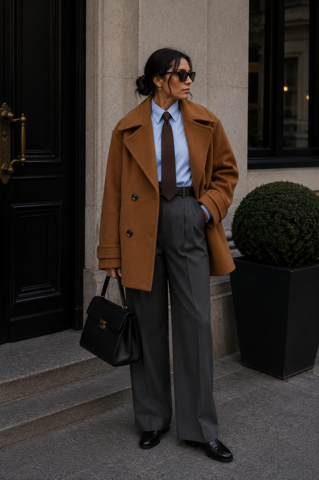 Camel Wool Coat With Charcoal Straight Trousers