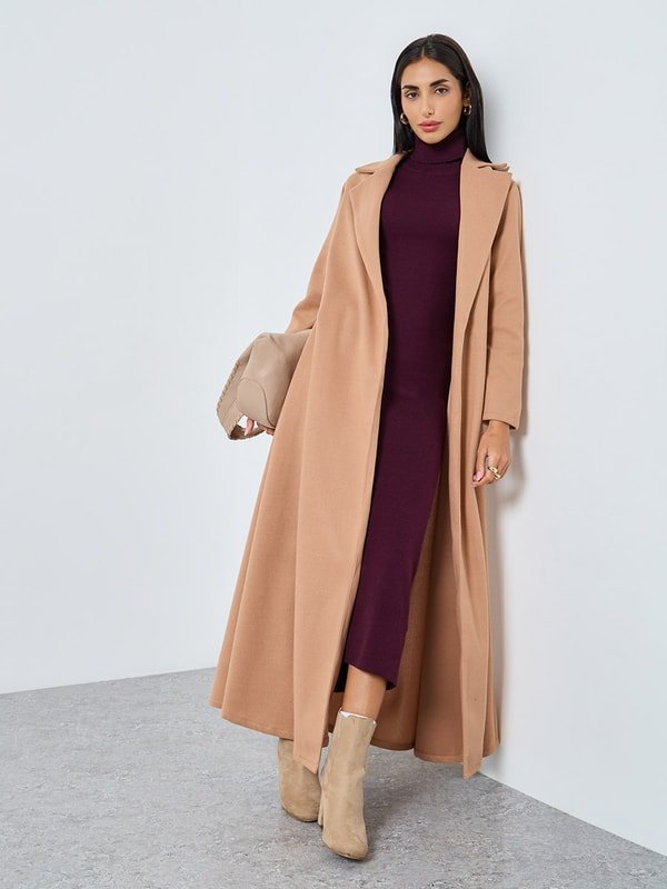 Camel Wool Coat Over a Burgundy Midi Dress