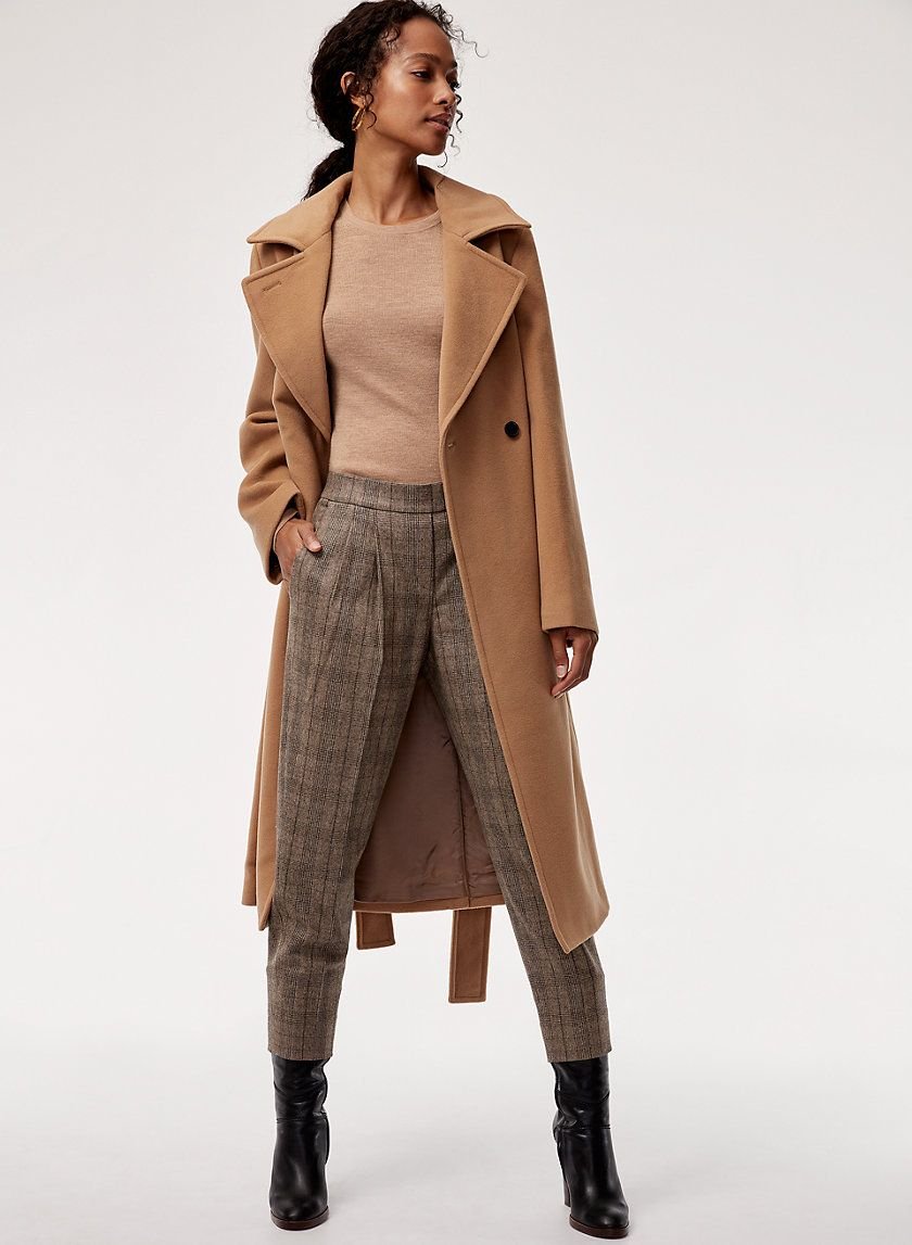 Camel Wool Coat With Beige Check Trousers
