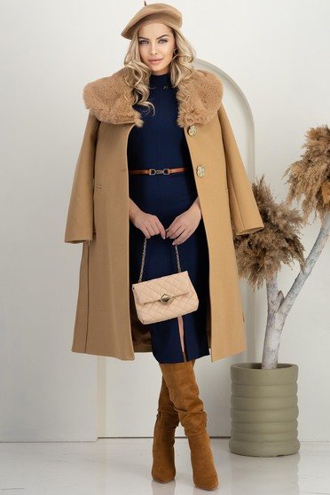 Camel Wool Coat Over a Navy Knit Dress