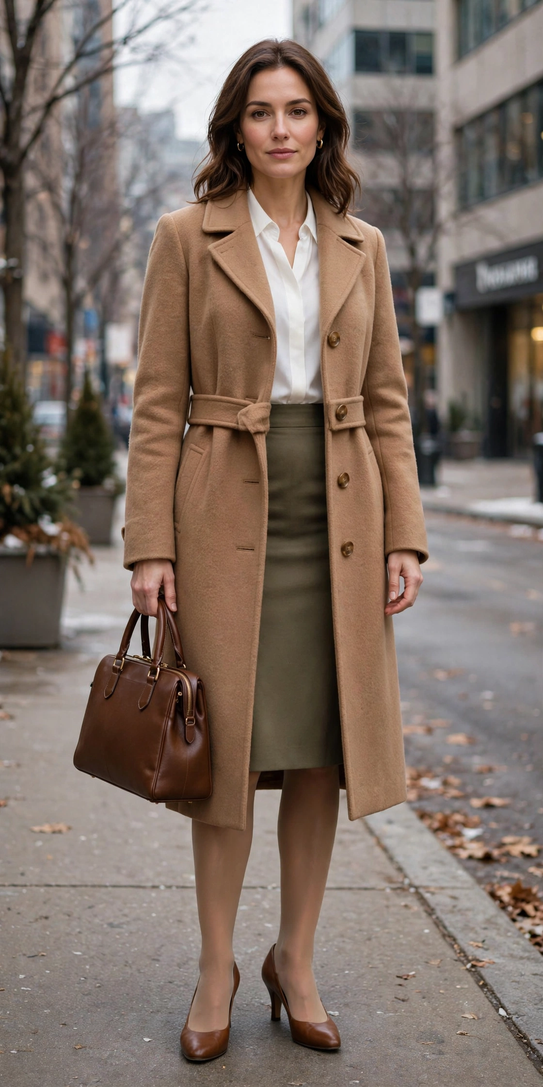Camel Wool Coat Over an Olive Pencil Skirt