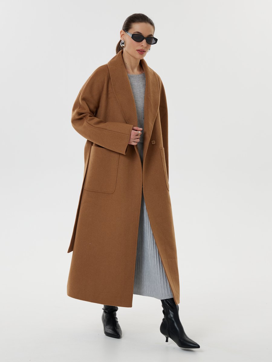 Camel Wool Coat Over a Grey Shift Dress