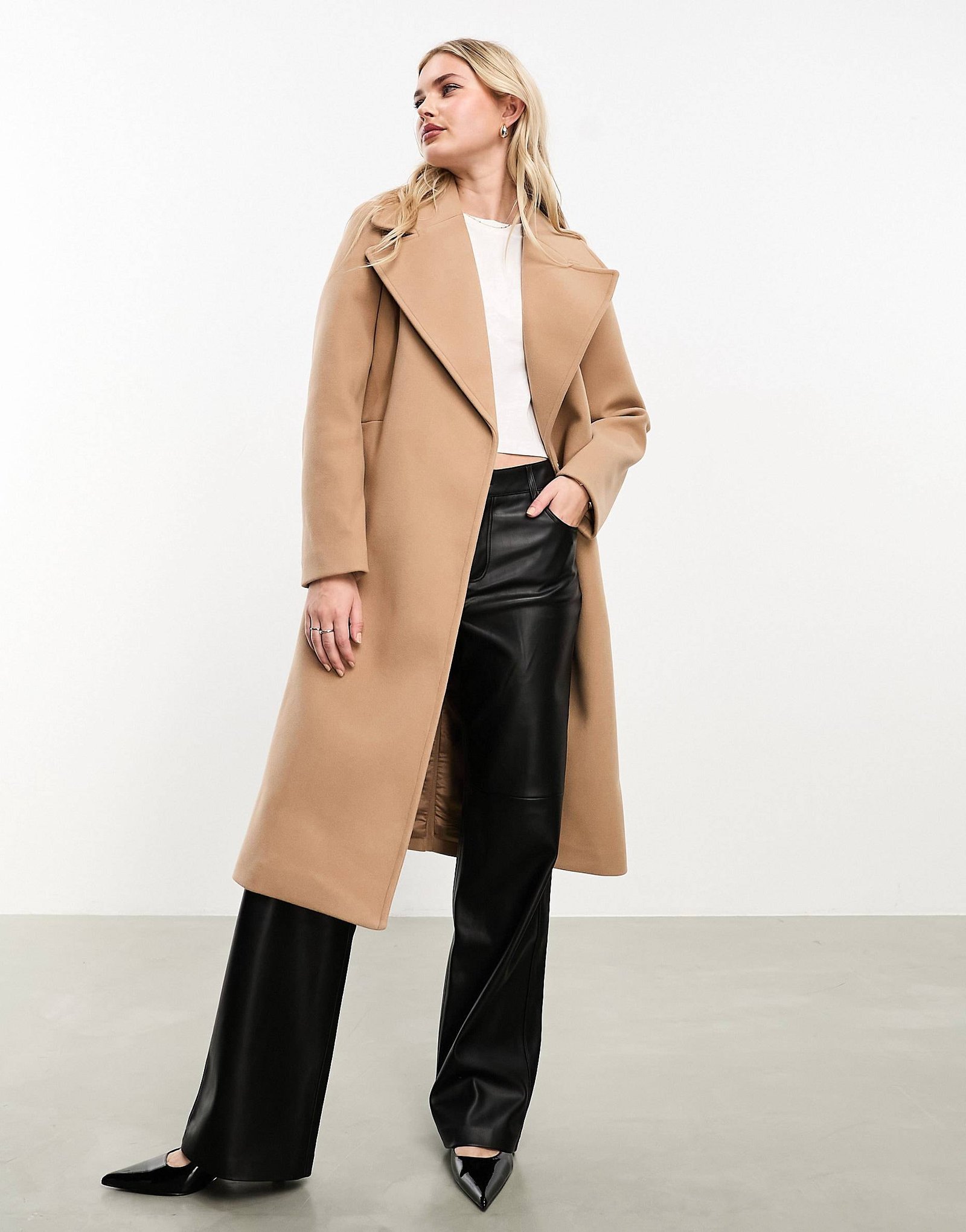 Camel Wool Coat With Black Leather Trousers
