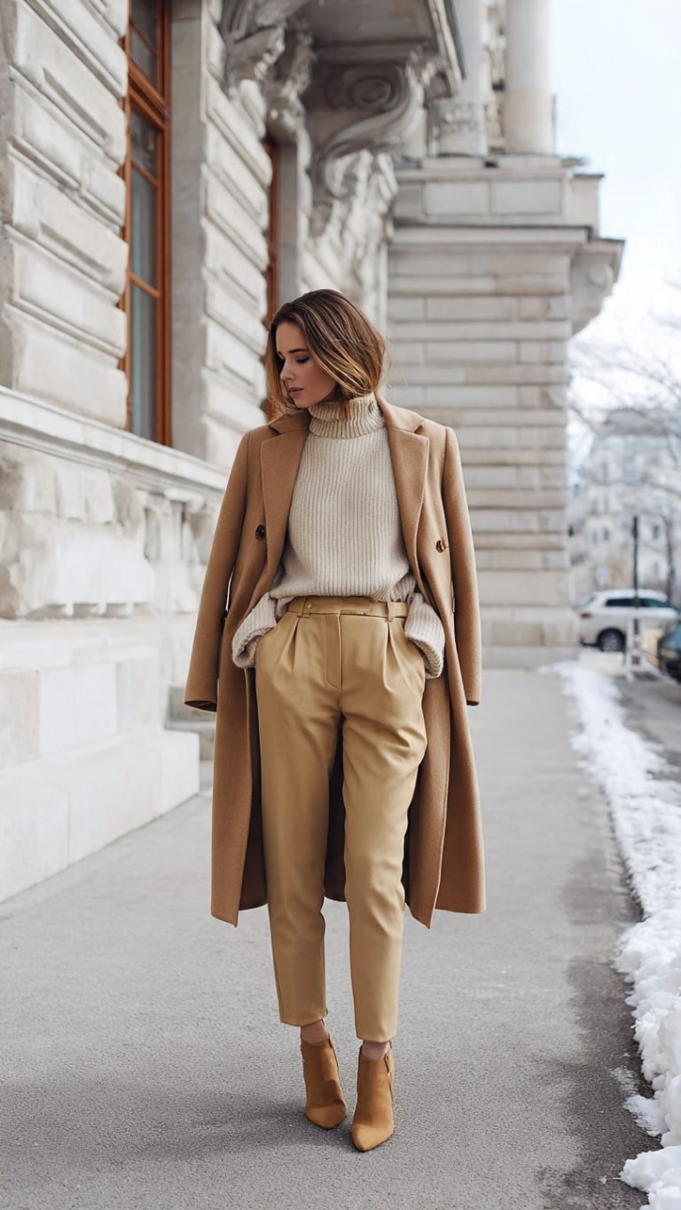Camel Wool Coat Over a Cream Roll Neck and Camel Trousers