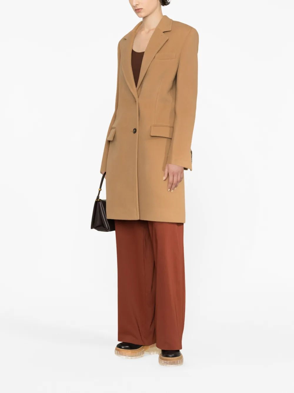Camel Wool Coat With Rust Wide-Leg Trousers