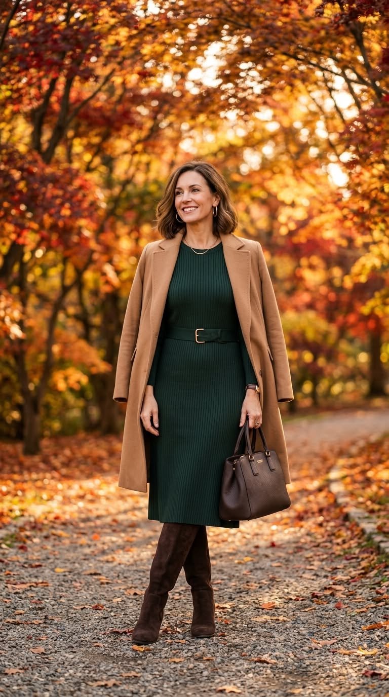 Camel Wool Coat Over a Forest Green Midi Dress