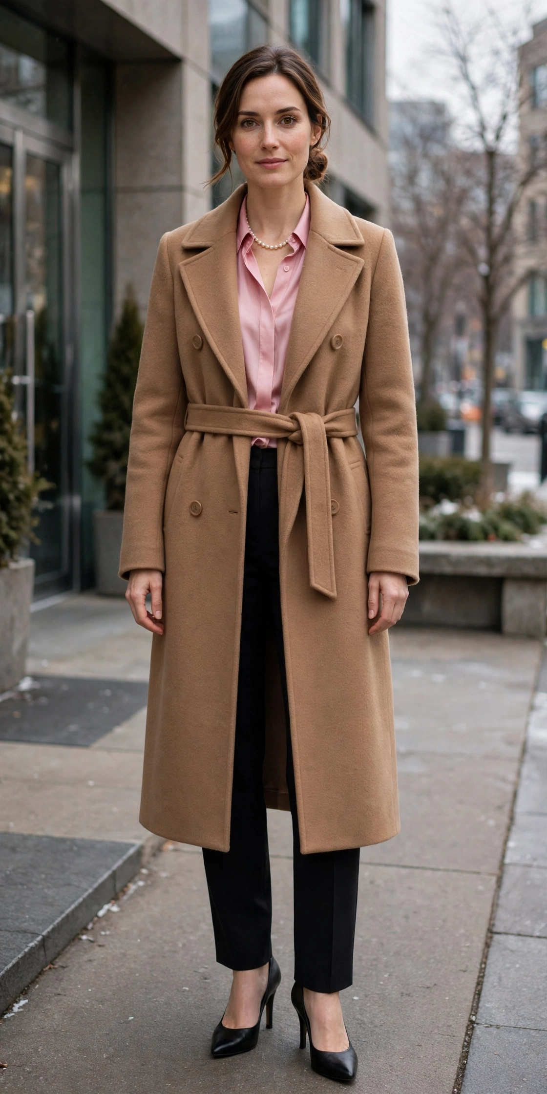 Camel Wool Coat Over a Pink Blouse and Black Trousers