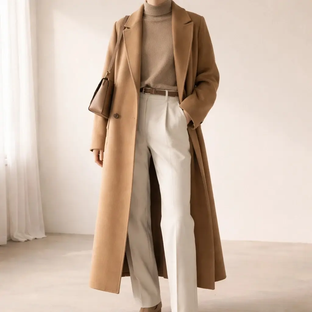 Camel Wool Coat With White Wide-Leg Trousers
