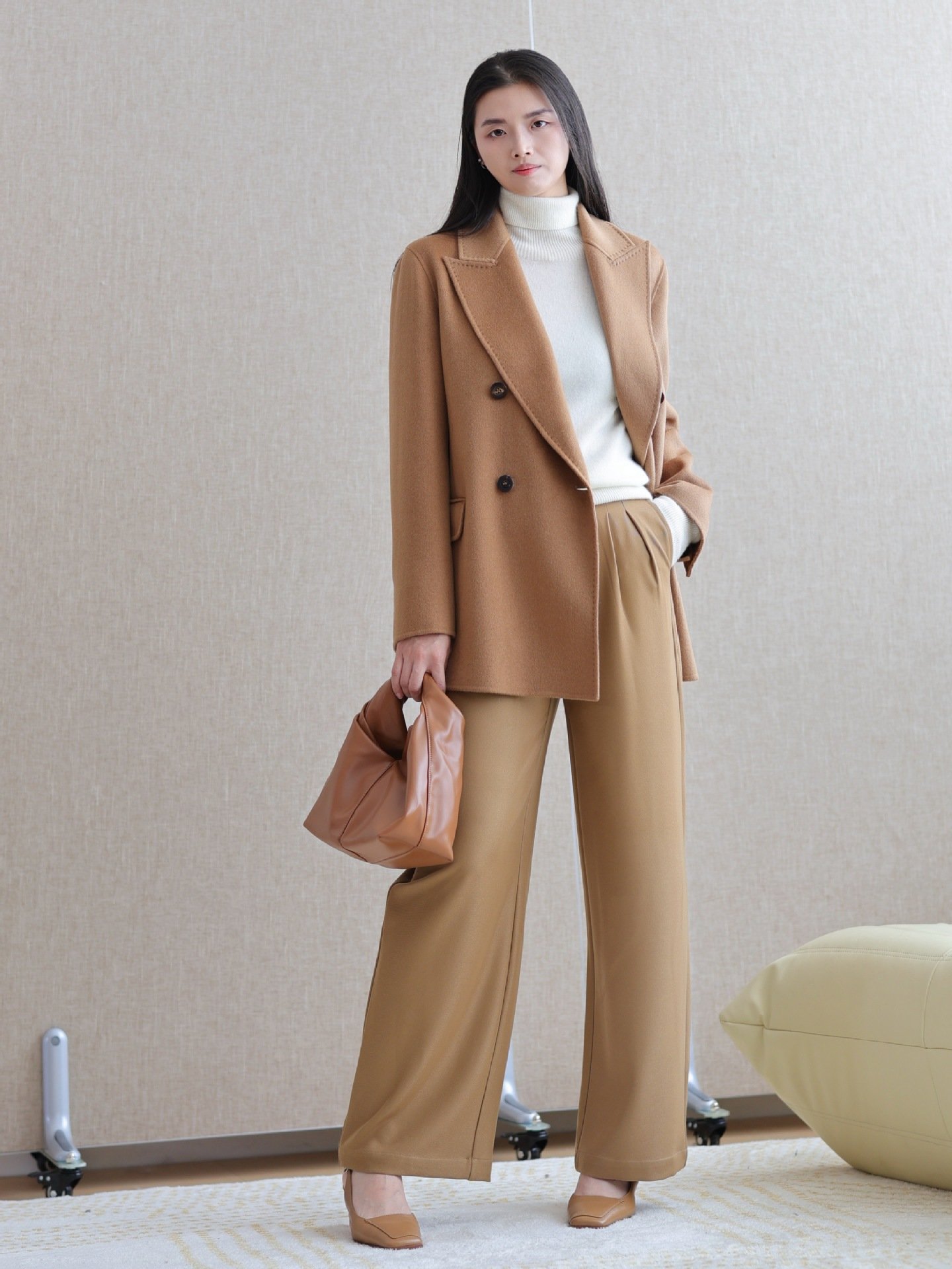 Camel Wool Coat With Taupe Tailored Trousers