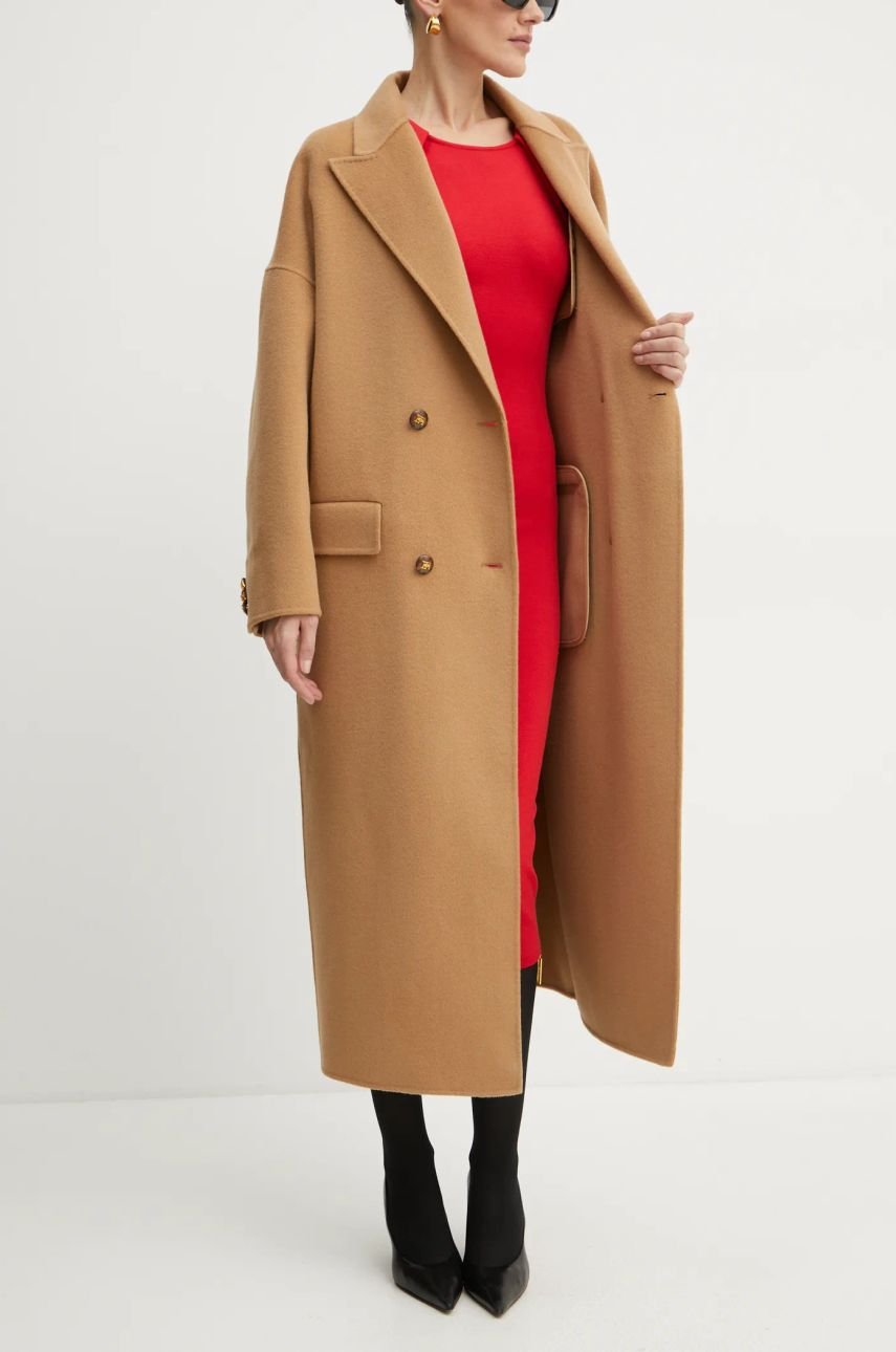 Camel Wool Coat Over a Red Knit Dress