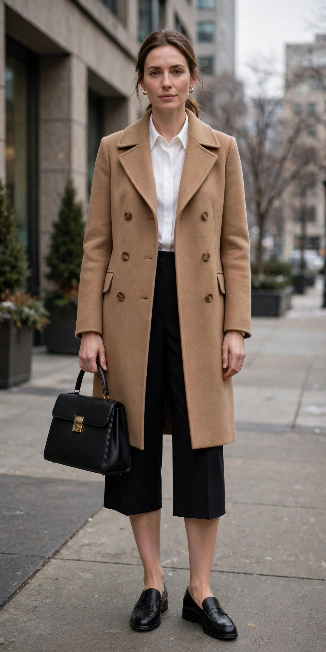 Camel Wool Coat With Black Culottes and a White Shirt