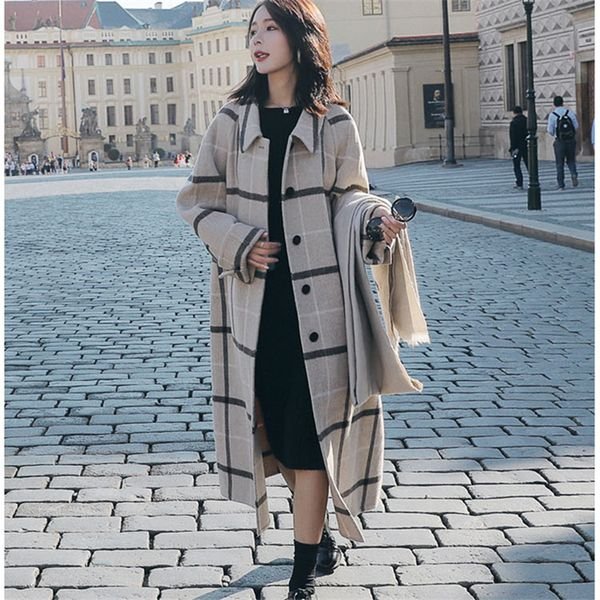Checked Wool Coat Over a Black Dress and Knee Boots