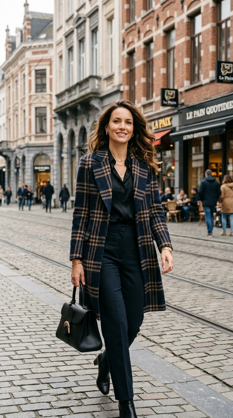 Checked Wool Coat With Navy Trousers and Loafers