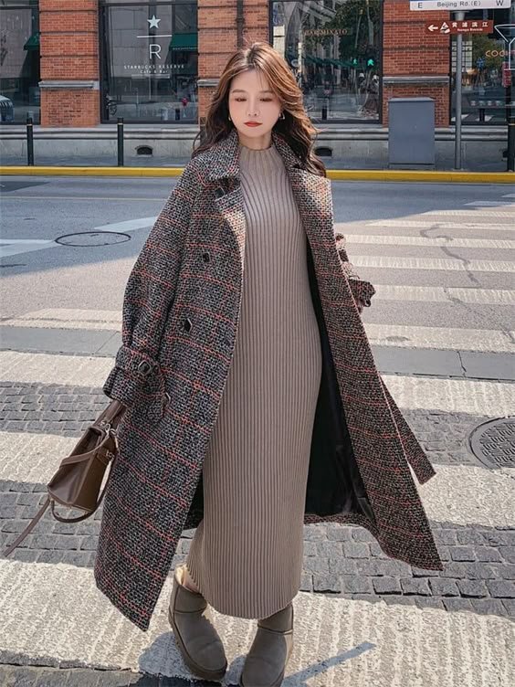 Checked Wool Coat With a Knit Dress and Boots